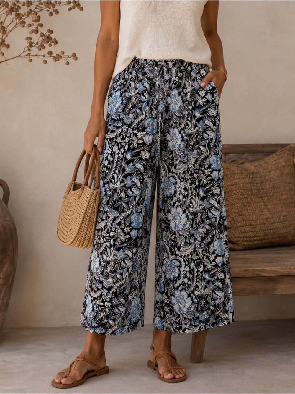 Tahari 100% Linen Floral Wide Leg Crop Pants Size Medium